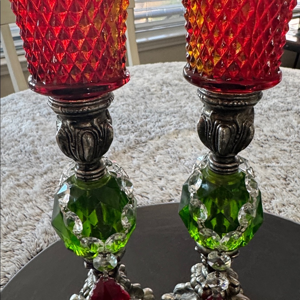 Hollywood‎ Regency Green Lucite 8" Candlestick Holders Candles Mid Century Pair - Picture 9 of 15